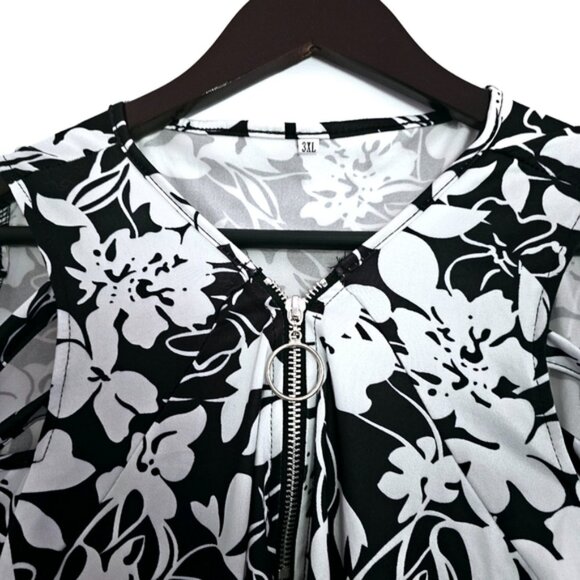 NWOT Black & White Floral  3XL V-Neck 1/2 Zipper front Cold Shoulder Tunic - Picture 4 of 11